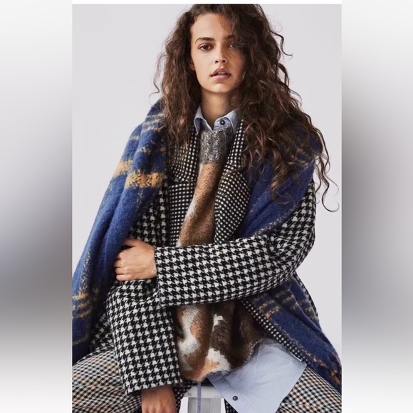 Free People Chelsea Houndstooth Wool Maxi Coat Double Breasted Black White - Picture 3 of 6